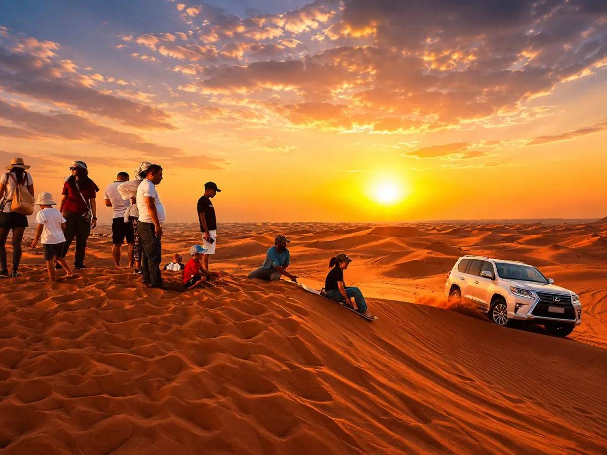 Red sand dunes stretching to the horizon in the Al Lahbab desert